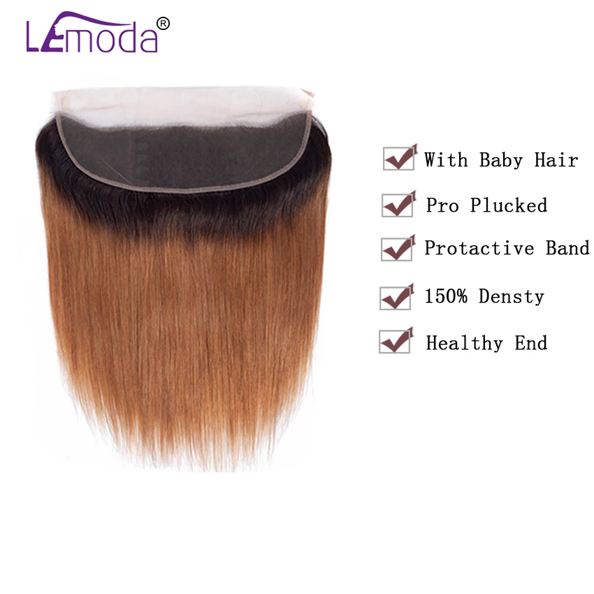 Brazilian Straight Hair Bundles with Frontal 3 Pcs Ombre Bundles with Closure 13x4 #1B30 LeModa Remy Human Hair Extensions (2) - 