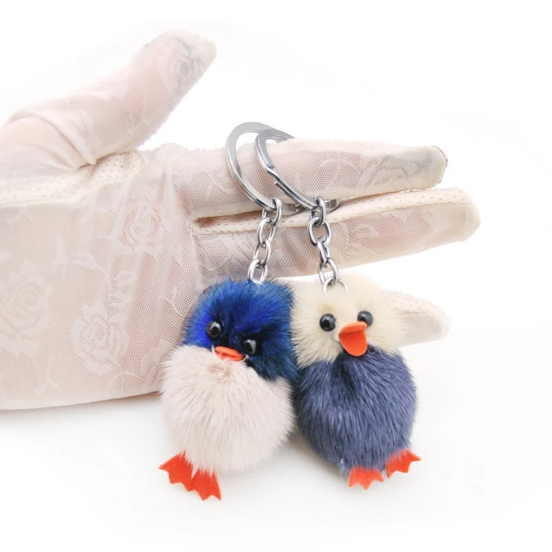 

Mink Fur Keychain Duck Cute Fluffy Key chain Genuine Pompom Lovely Chicks Key Ring Pom Pom Toy Doll Bag Charm Car Key Holder
