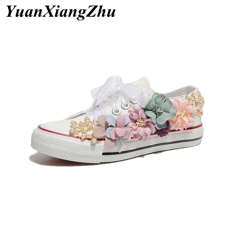 

summer vulcanize shoes women sneakers female casual shoes girl trainers lace up basket femme 2019 fashion flower canvas shoes