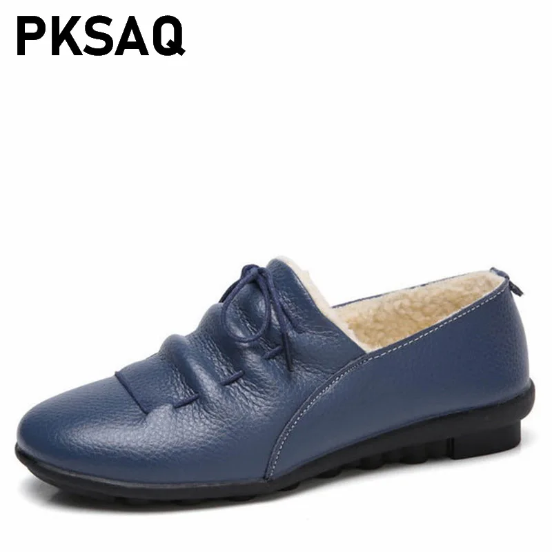 

Casual Cow Leather Women Shoes 2019 Keep Warm Cotton Shoes Woman Shallow Female Flats Fur Loafers Plush Winter Mother