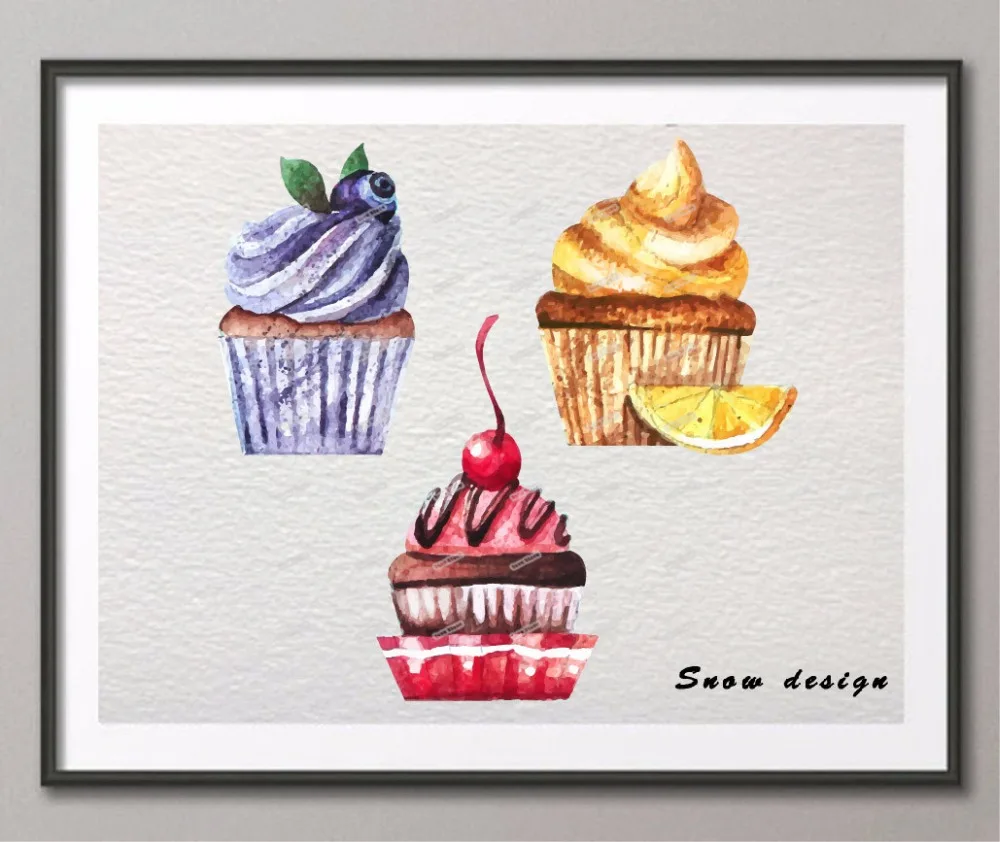 Original Watercolor Cupcake Pop Wall Art Canvas Painting Cake