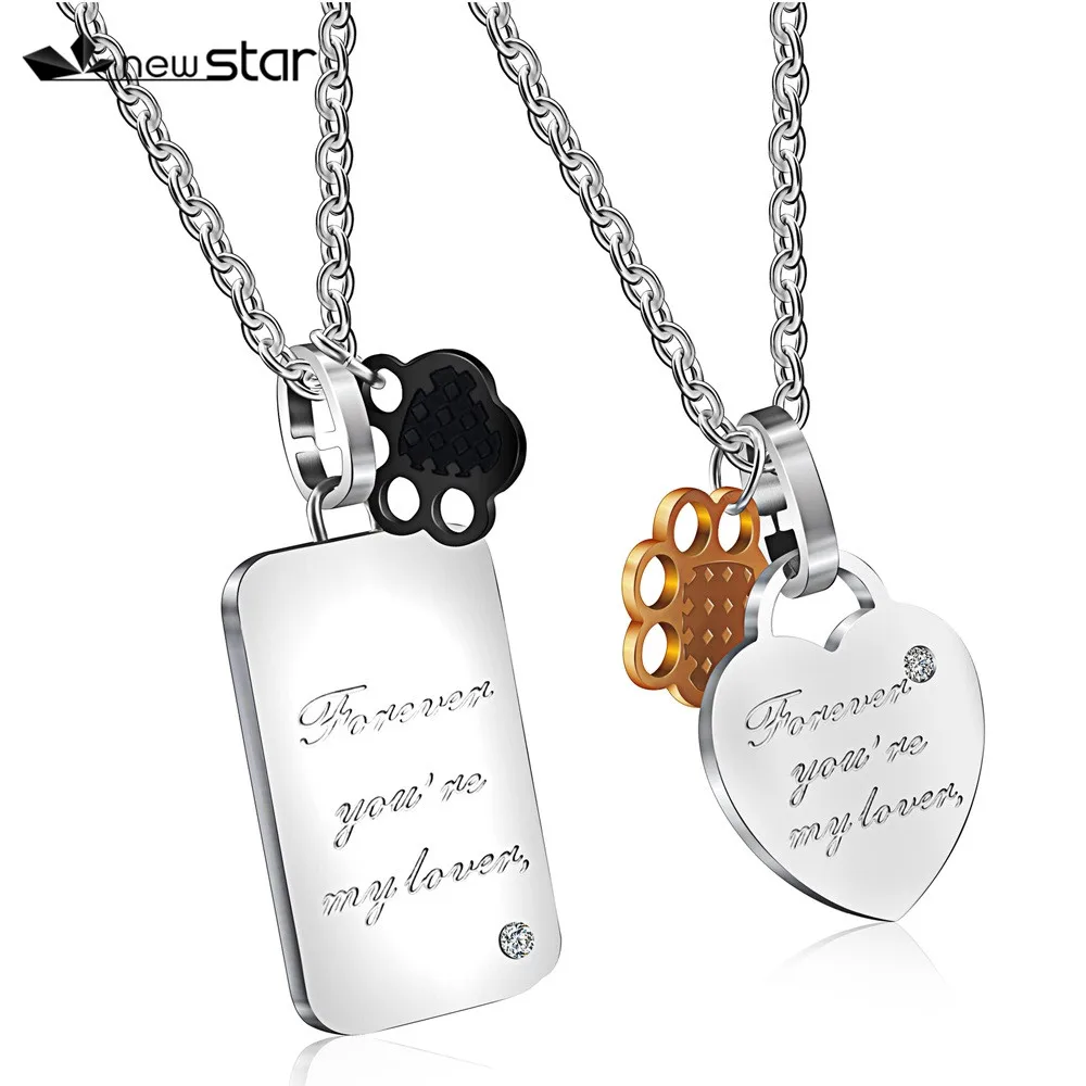 

"Forever you are my Love" Dog Tag And Heart Couple Pendant with Rose Gold Paw Charm Necklace