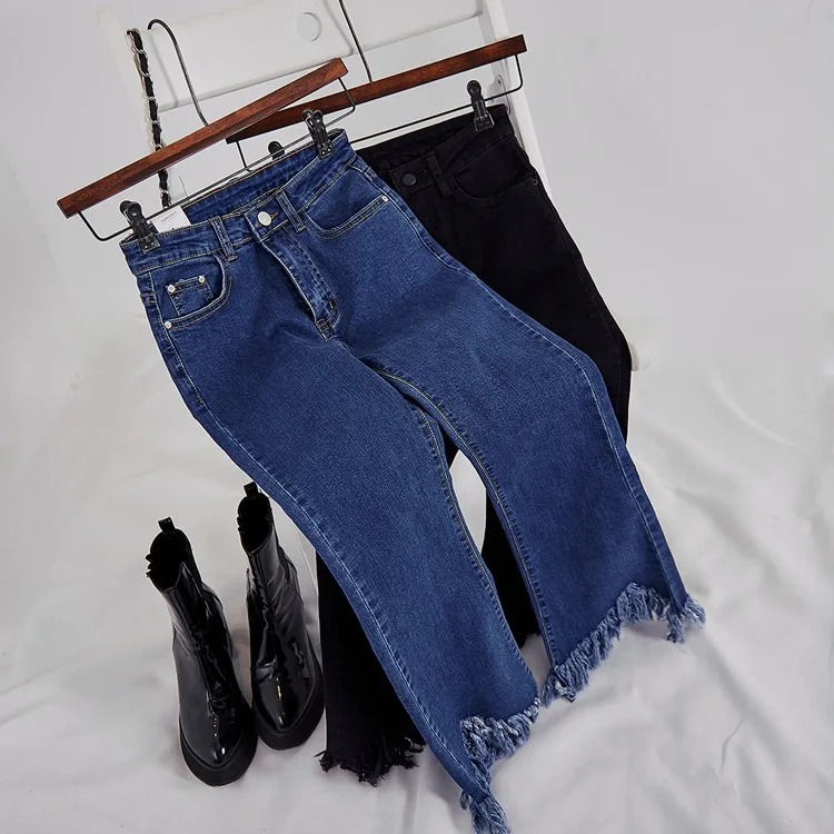 Женские джинсы клёш Высокая талия джинсы модные обычные джинсовые брюки эластичные брюки Femme черный синий кисточка по щиколотку брюки