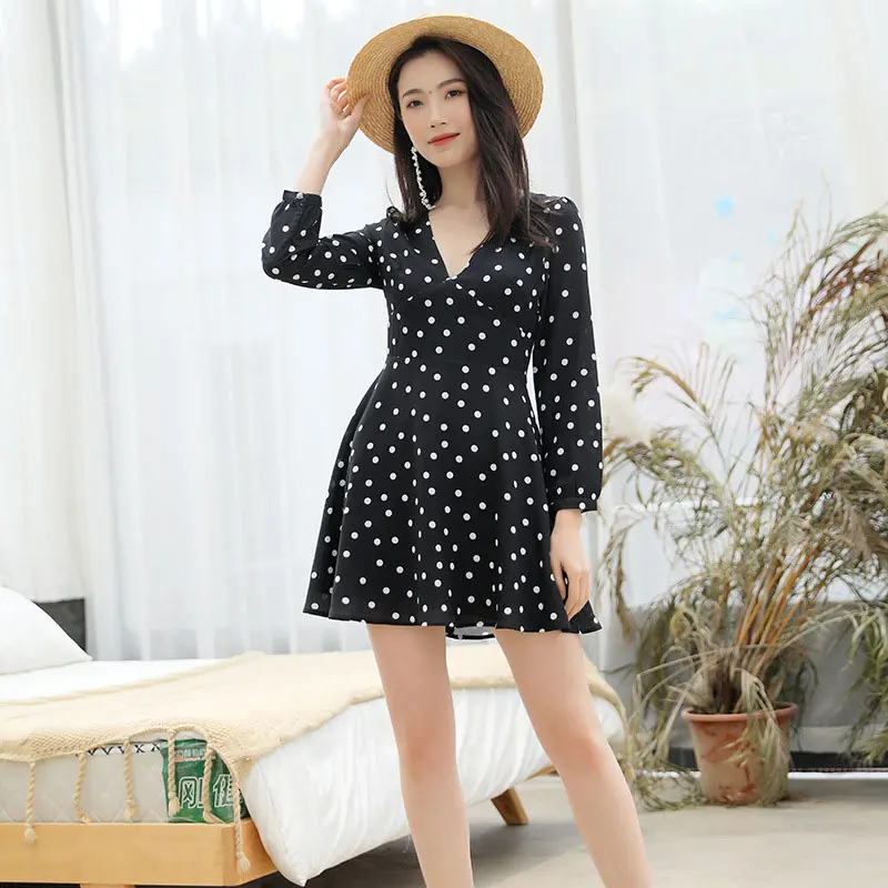 

2019 Summer Women White Polka Dot Black Chiffon Dresses Ladies Mini Dress