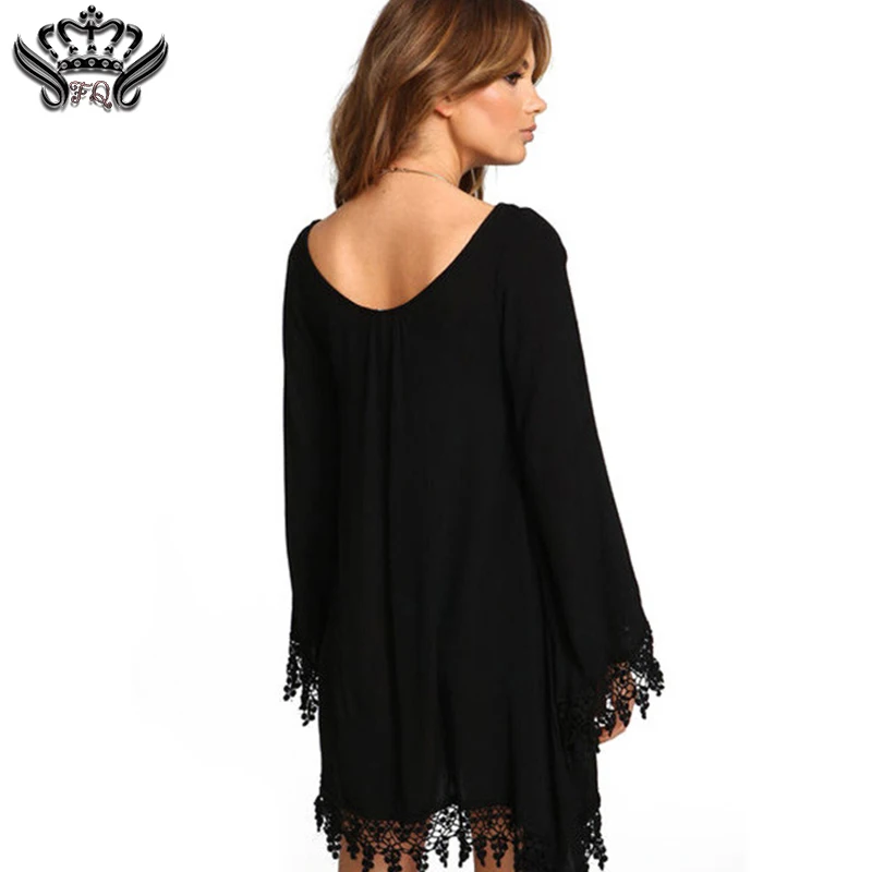 Online 2016 mujeres del verano de Boho de la borla Vestido corto Vestido Sexy de encaje de ganchillo Chiffion de la túnica negro Beach Dress Shirt Blusa caliente de la venta Vestido de fiesta 2016 vestidos de la playa vestido