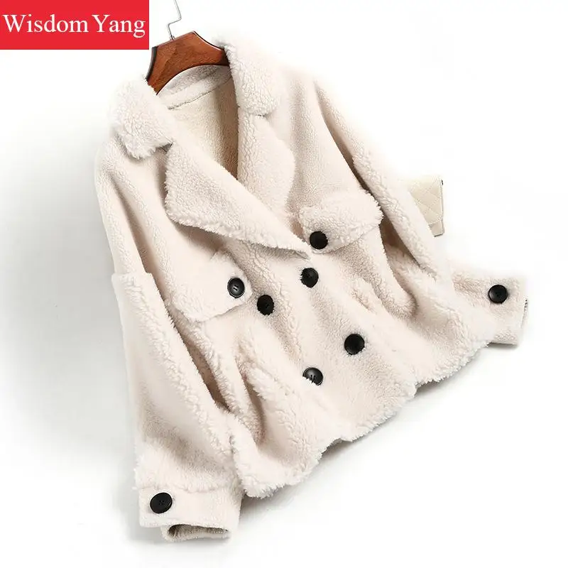 

Winter Warm White Real Sheep Shearing Coat Wool Womens Coats Cashmere Fleece Jacktes Short Oversize Woolen Overcoat Outerwear