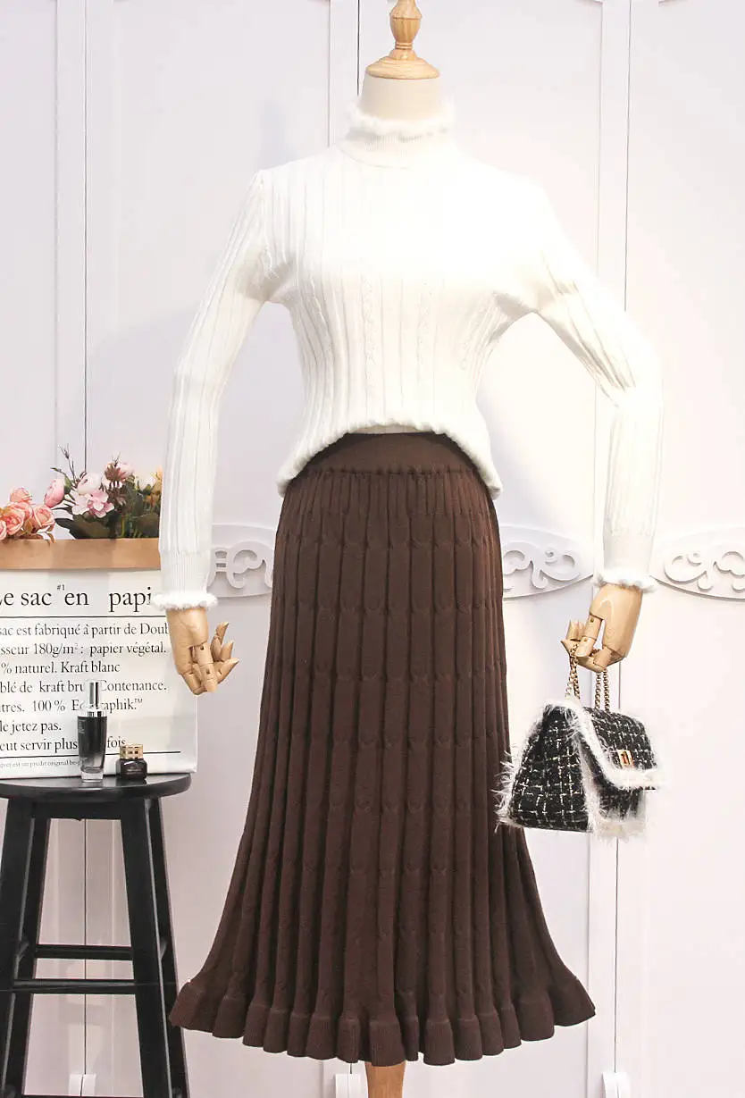 Осень-зима Для женщин эластичные Высокая Талия вязаные юбки женский Винтаж женская обувь на низком каблуке; однотонная плиссированная с гофрированным воротником, длинная юбка, свитер M31