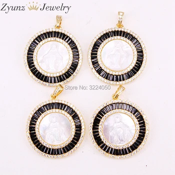 

5PCS Round Shaped CZ Micro Pave Shell Pendant, Mary Pendant Zirconia Gems Jewelry