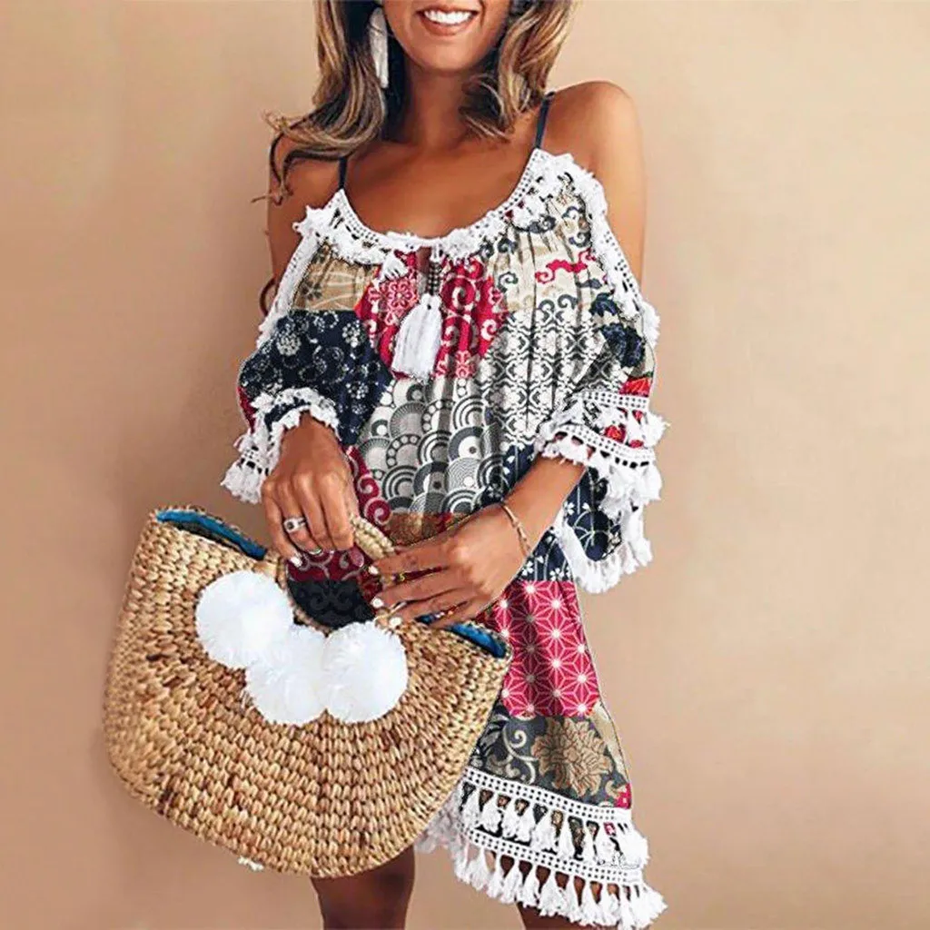 

2019 Summer Boho Style Off Shoulder Short Sleeve Mini Dress Female Tassel Cocktail Party Dress Beach Sundress Vestidos