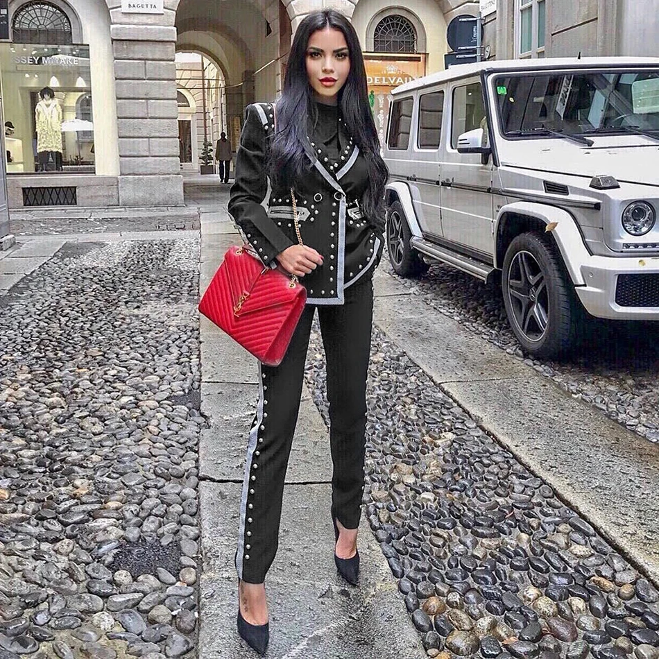 Winter black two-piece long-sleeved V-neck rivet blazer and high-waist pants casual women's suit celebrity runway party set