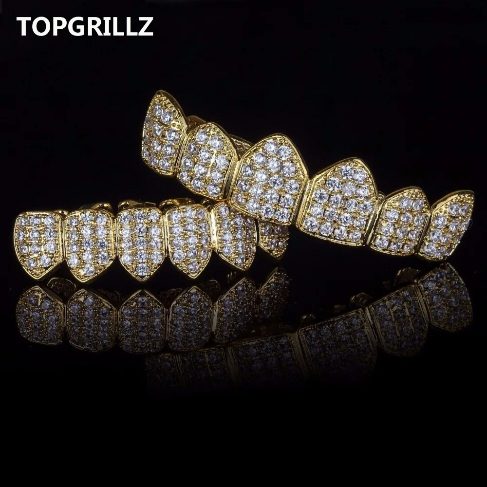  TOPGRILLZ Gold Color Plated Hip Hop Grillz High Quality Micro Pave CZ Top & Bottom GRILLZ Mouth Tee
