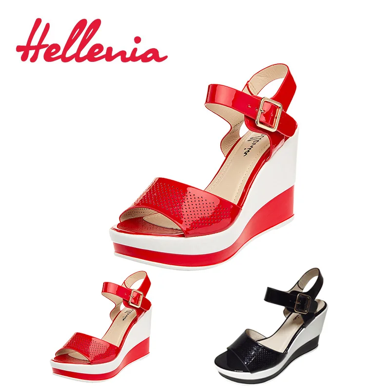 

Hellenia 2018 New Fashion High Heels Sexy wedges Female Black Red Color thick heel Brand shoes Women Sandal Casual ladies