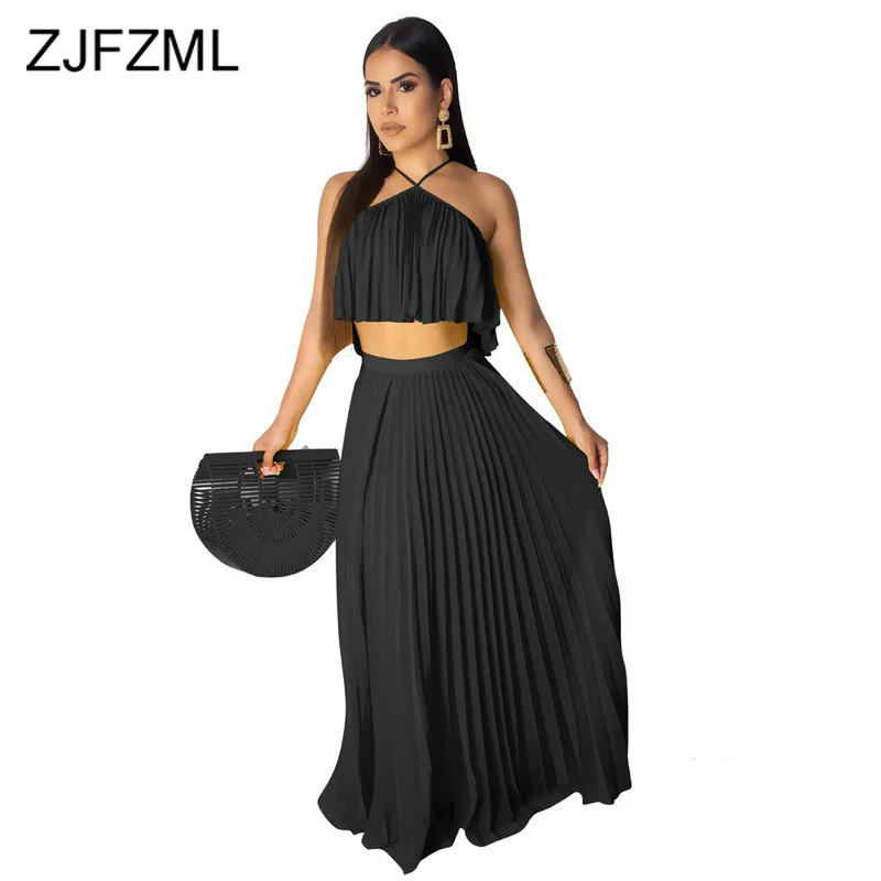 

Neon Yellow Rose Chiffon Two Piece Set Women Halter Backless Crop Top And Pleated Maxi Skirts Summer 2 Piece Beach Outfits Suit
