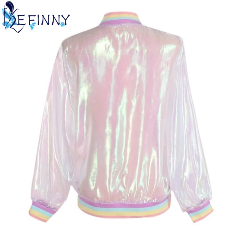 2018 Women Jacket Sunscreen Laser Rainbow Symphony Hologram Light Girl Coat Iridescent Transparent Bomber Jacket Sunproof