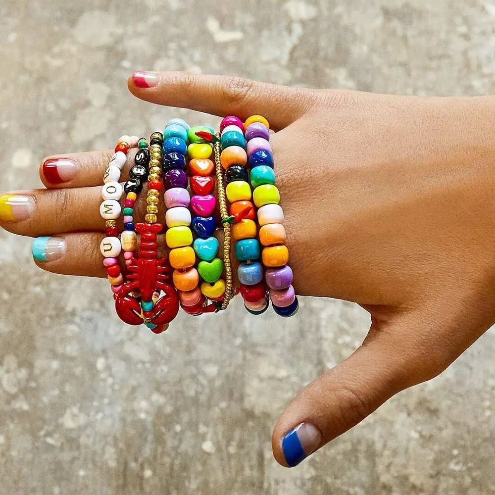 

Girlgo Summer Accessories Jewelry Rainbow Beads Acrylic DIY Charm Bracelets for Women Boho Ethnic Shell Bangle Bijoux Girl Gift