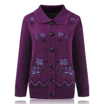 

Middle-aged Women Sweater Cardigan Coat New Autumn Clothes Embroidered Lapel Single-breasted Knit Jacket Plus Size Female Tops