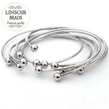

5pcs/lot European Silver Color Adjustable Cuff Open Bangles for Women Expandable Wire Bangles Bracelets With Bead Charms F2012