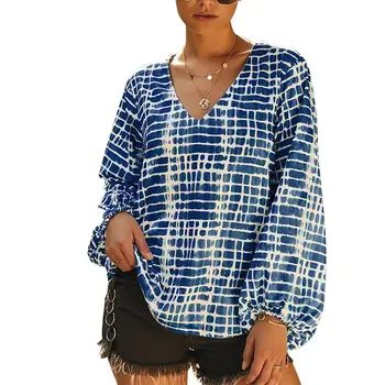 

2019 New Fashion Ladies Casual Loose Shirts Tees Clothes Irregular Geometric Print V Neck Long Puff Sleeve Women Harajuku Blouse