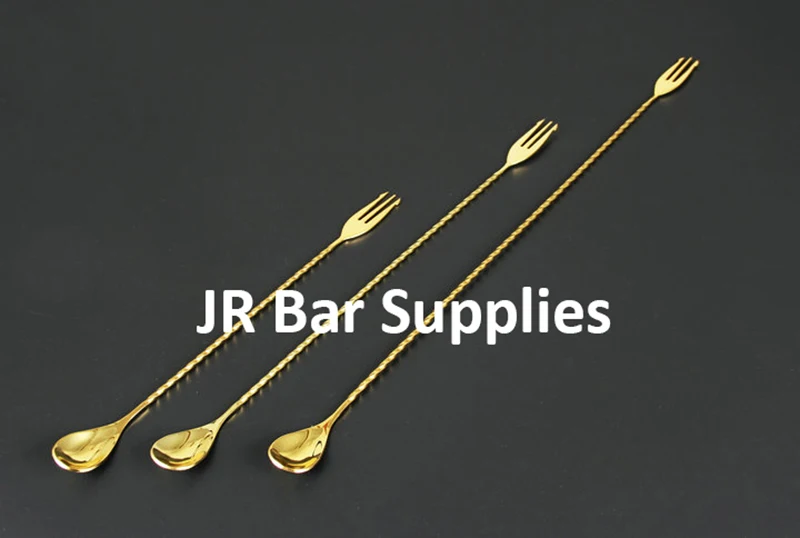 1PCS Stainless Steel Trident Bar Spoon Cocktail Mixing Spoon Bar with Fork Stirring Mixing 30cm/40cm/50cm-Gold Plating
