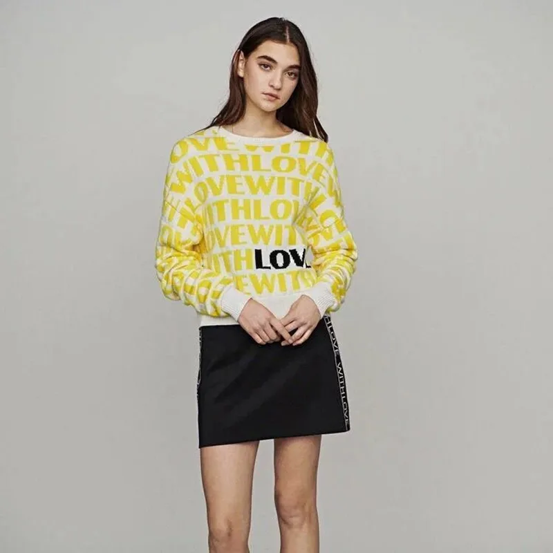 

New Women Yellow Letter Jacquard Sweet Pull Sweater