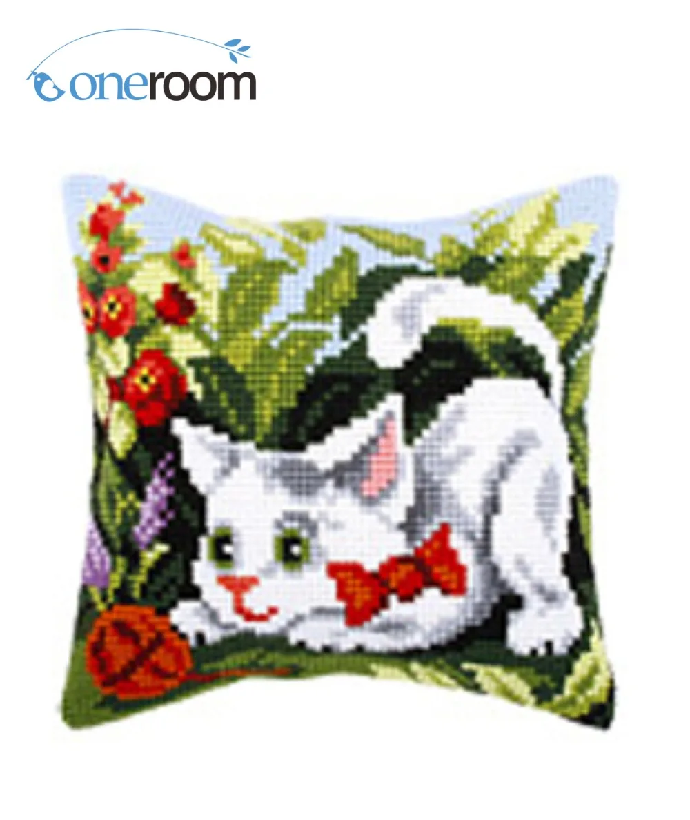 Download CX0177 Cat in Flowers Acrylic Yarn Embroidery Pillow Tapestry Cushion Front Cross Stitch ...