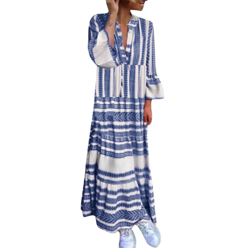 

Vestidos Women Sukienka Damska Summer Bohemina Dress Printed V-Neck Long Sleeve Beach Maxi Long Dresses Sundress Jurken Elbise