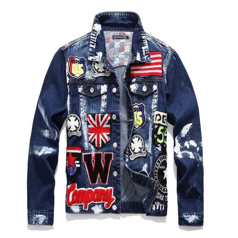 

Fashion New Mens Flag Letters Patch Design Painted Denim Jackets Slim Fit Skull Badge Patchwork Long Sleeve Jean Coat Outerwear