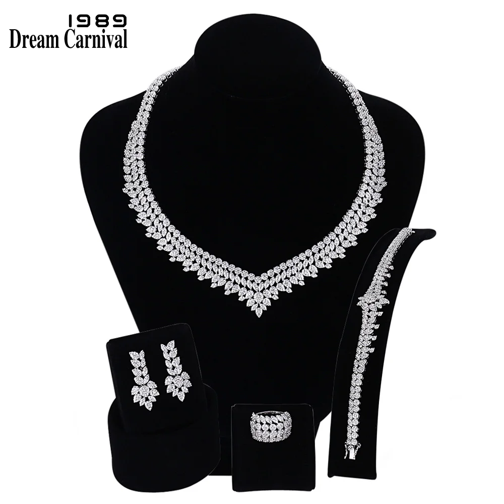 

DreamCarnival 1989 Luxury Bridal Wedding Jewelry AAA Zircon Necklace Earrings Bracelet Ring Set for Women Engagement SN06172-1B