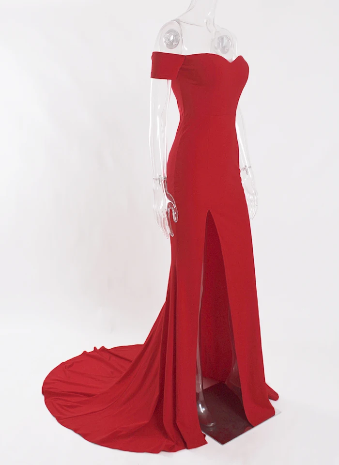 Пикантные черные сапоги красного цвета с открытыми плечами платье подружки невесты в обтяжку пакет бедра Slash шеи высокого Разделение