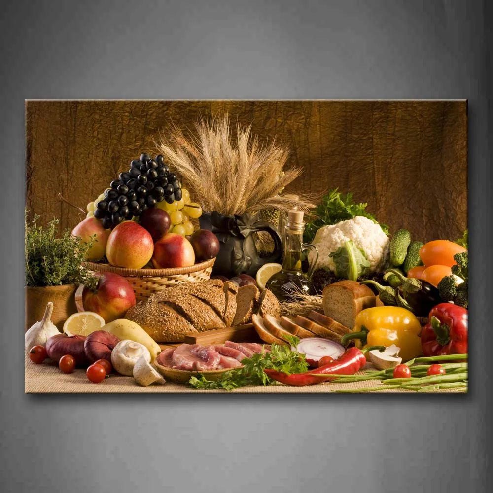 

Framed Wall Art Pictures Food Fruit Bread Tomato Table Canvas Print Food Modern Poster With Wooden Frame For Living Room