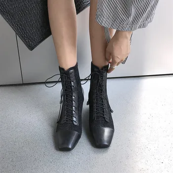 

YMECHIC 2019 Autumn Winter Stretch Fabric Slip on Cross Tied Design Ankle Mid Calf Long Riding Knight Boots Botas Footwear Woman
