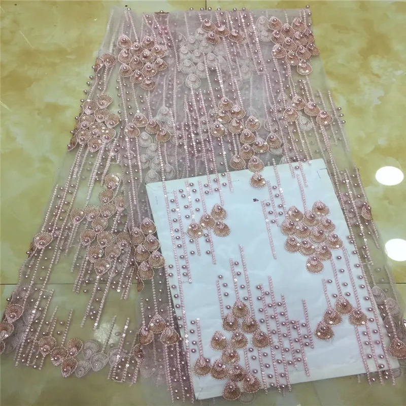 

Beaded 5 Yards Net Lace African Sequins Lace Fabric Latest Nigeria Mesh Lace Pink High Quality Tulle Lace Fabric for Lady X1496