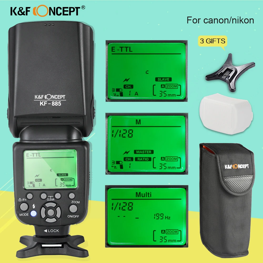 

K&F CONCEPT KF-885 Wireless Speedlight 1/8000s Master Slave With LCD Screen TTL Universal Flash Speedlite For Canon Nikon DSLR