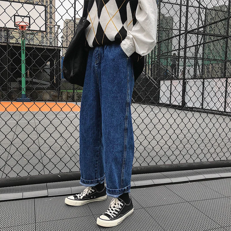 

Fashion Casual Men's Jeans Spring And Autumn New S-2XL Solid Color Loose Straight Pants Black Blue Personality Youth Popular