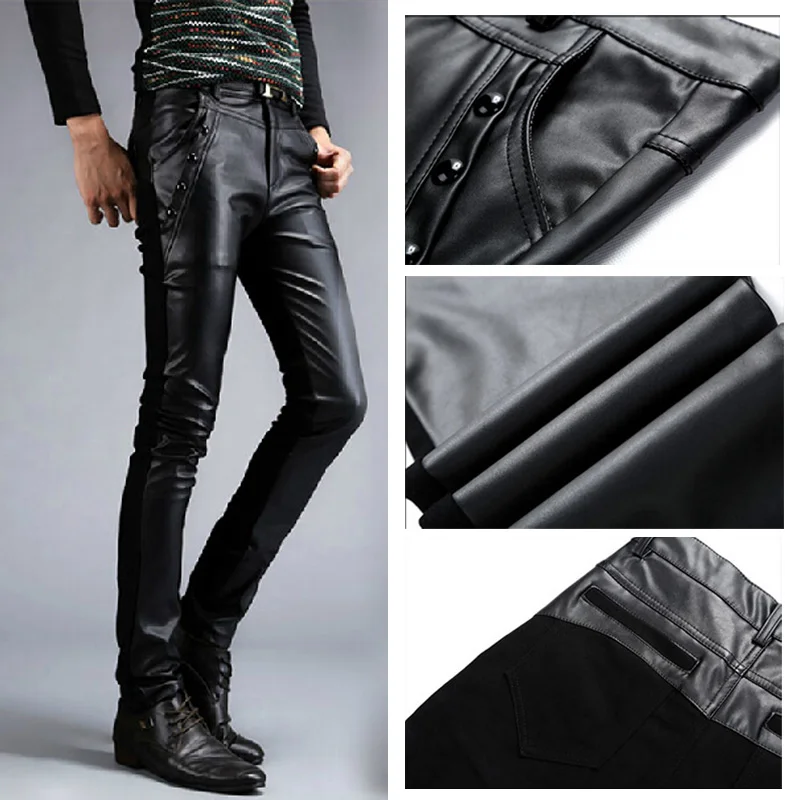 

2019 New Spring and Autumn Summer Men's Leather Pants Feet Pants Slim Black Trend Motorcycle PU Pants Casual Fashion Tight