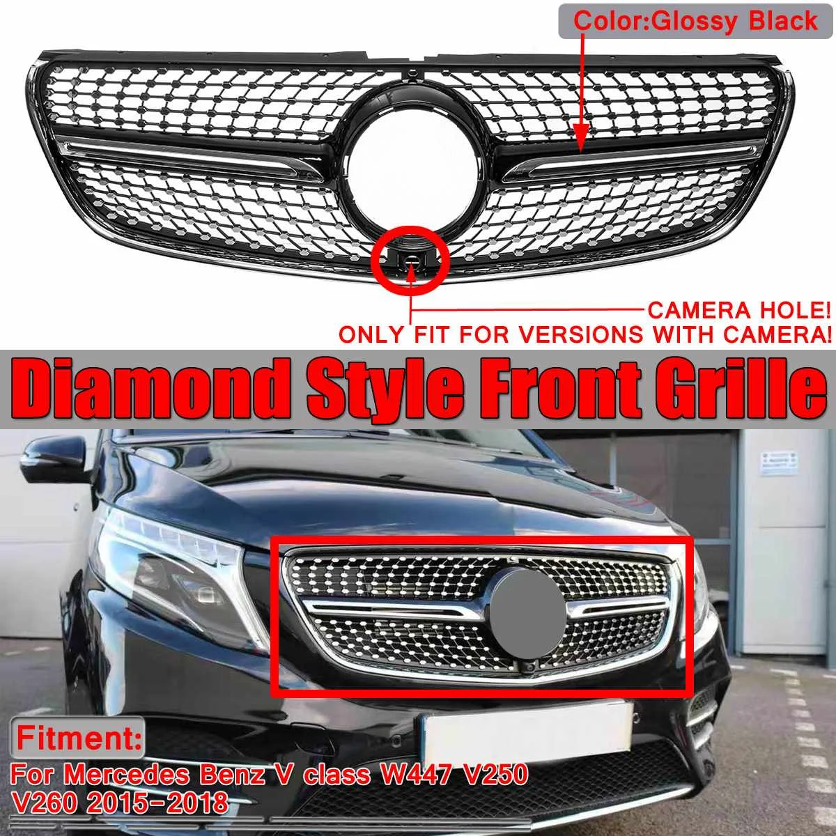 Diamant Grill Mesh W447 Auto Grille Grill Met Camera Voor Mercedes Benz V Klasse W447 V250 V260 2015 -2018 Zwart/Chrome