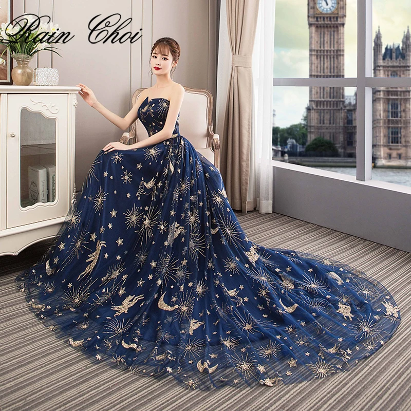

Sexy Evening Dresses 2019 A Line Formal Party Gowns with Train Strapless Long Evening Dress