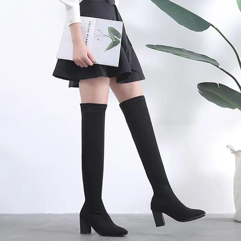 

2018 winter new flock boots women over the knee thigh boots thin slim stretch lady shoes plush short warm long boots