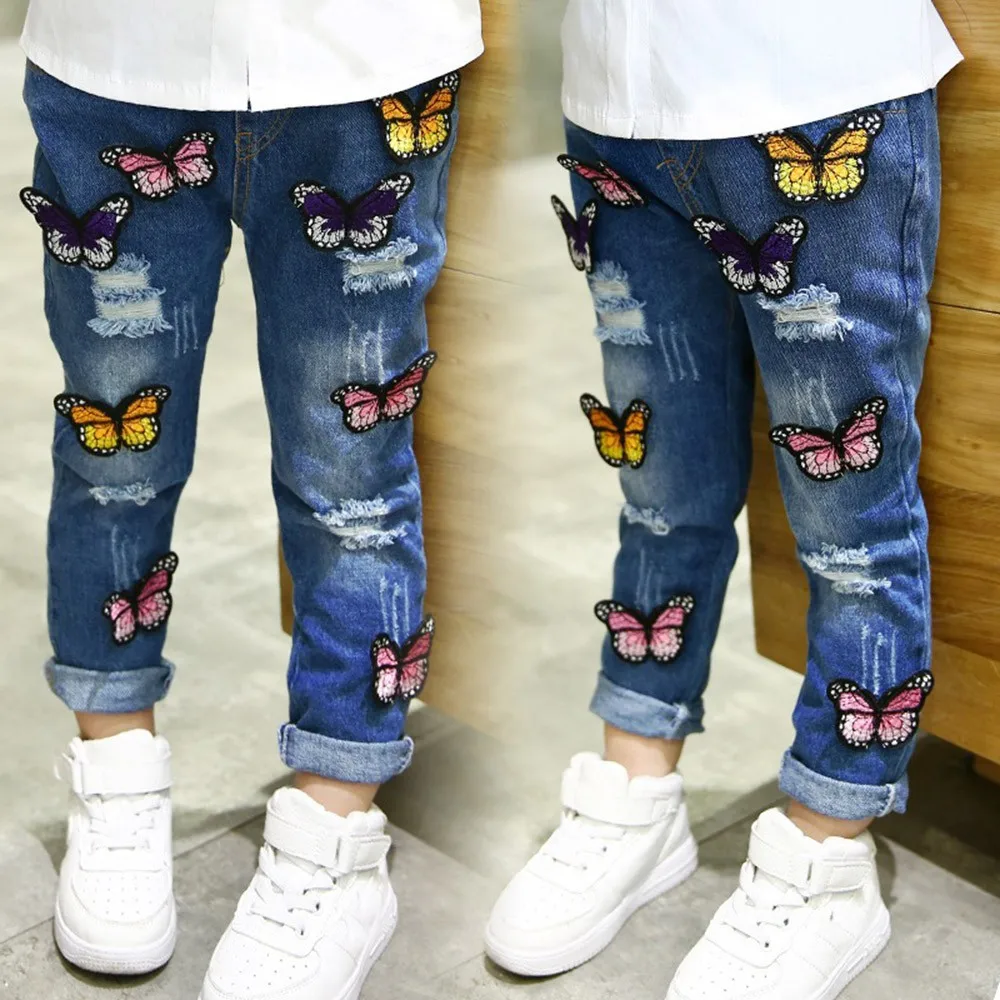 

MUQGEW baby girl jeans Children Infant Kid Gilrs Jeans Denim Butterfly Hole Pants Clothes jardineira jeans#y2
