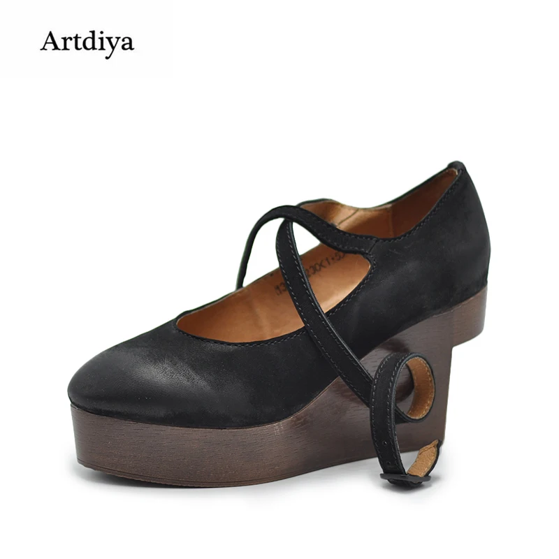 

Artdiya Original Retro Shallow Mouth Wedge Heels Shoes Strap Platform High Heels Genuine Leather Handmade Women's Shoes 13660