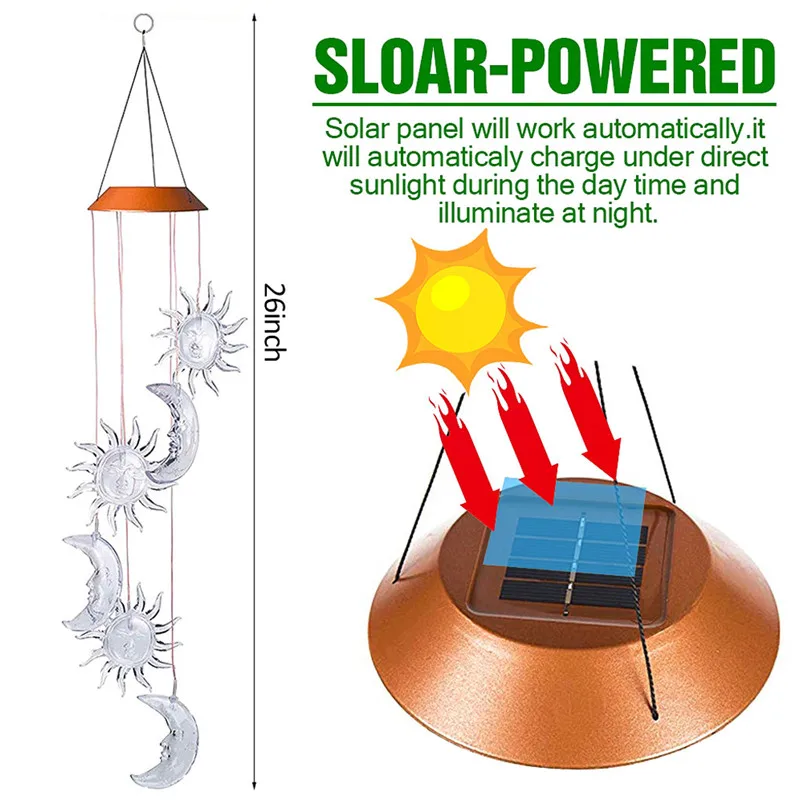 Solar Powered Garland Light Wind Chime Light LED Home Garden Hanging Spinner Lamp Decor Sun Moon Luces Led Decoracion 40JUL175