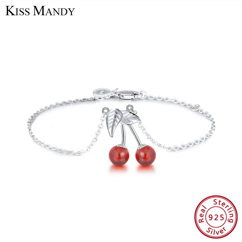 

Kiss Mandy 925 Sterling Silver Cherry Red Color Natural Stone Women Bracelet For Charms Girls Fashion Jewelry Wholesale KSB35