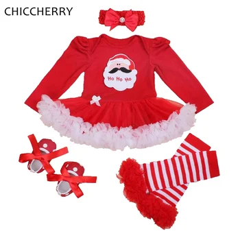 

Santa Claus Red Baby Girl Christmas Outfits Long Sleeve Lace Romper Dress Headband Leg Warmers Shoes Christmas Costumes for Kids