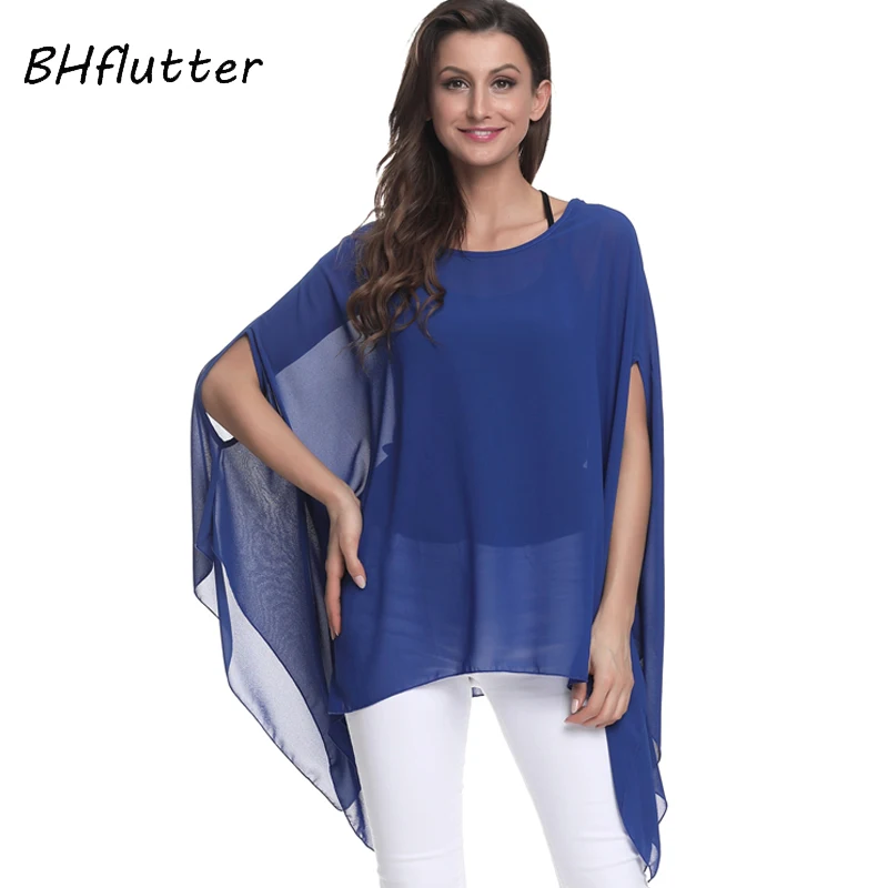 

BHflutter Blusas Mujer de Moda 2018 Blouse Women Shirt Batwing Sleeve Casual Summer Tops Tees Solid Chiffon Blouses Plus Size