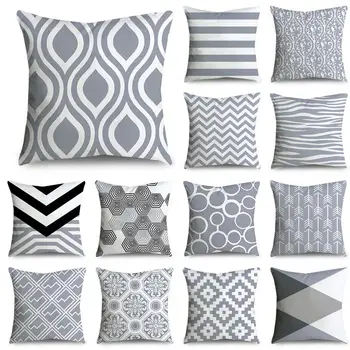 45*45cm Gray Striped Geometric Cushion Cover Polyester Pillowcase Cojines Decorativos Para Sofa Home Bedroom Sofa Decor 40814