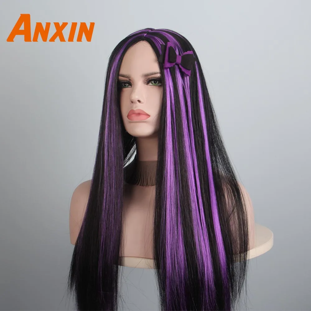 Anxin длинные прямые черные фиолетовые ведьмы костюм вампира на Хеллоуин карнавальные парики для девочек женские вечерние Аниме Косплей