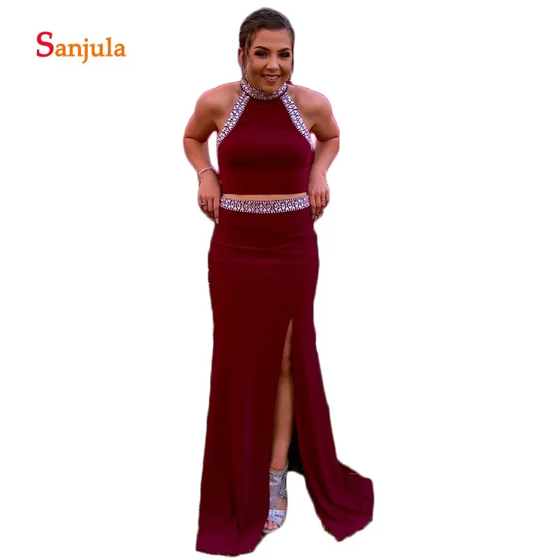 

High Neck Two Pieces Prom Dresses 2019 Stunning Beaded Rhinestones Gorgeous Girls Prom Party Gowns Spandex Skirt Leg Slit D693