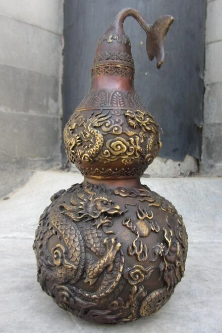 

004469 China Royal Red Copper Bronze Feng Shui Dragon Play Bead Gourd cucurbit Statue