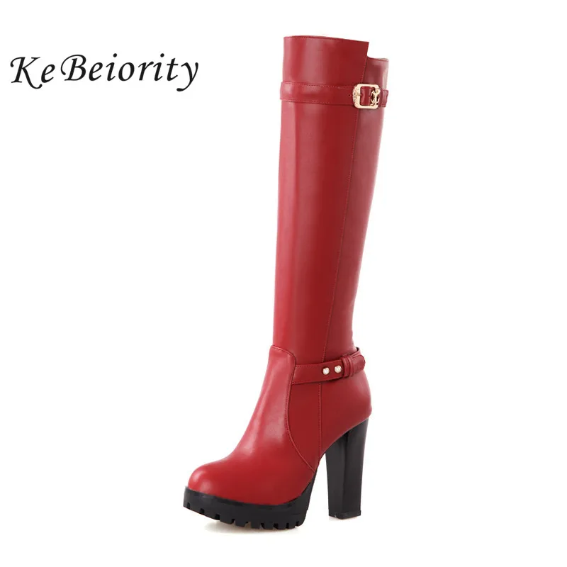 

KEBEIORITY Fashion Knee High Boots Women High Heels Platform Boots Female Autumn Winter Leather Red Black Boots Heels 2018