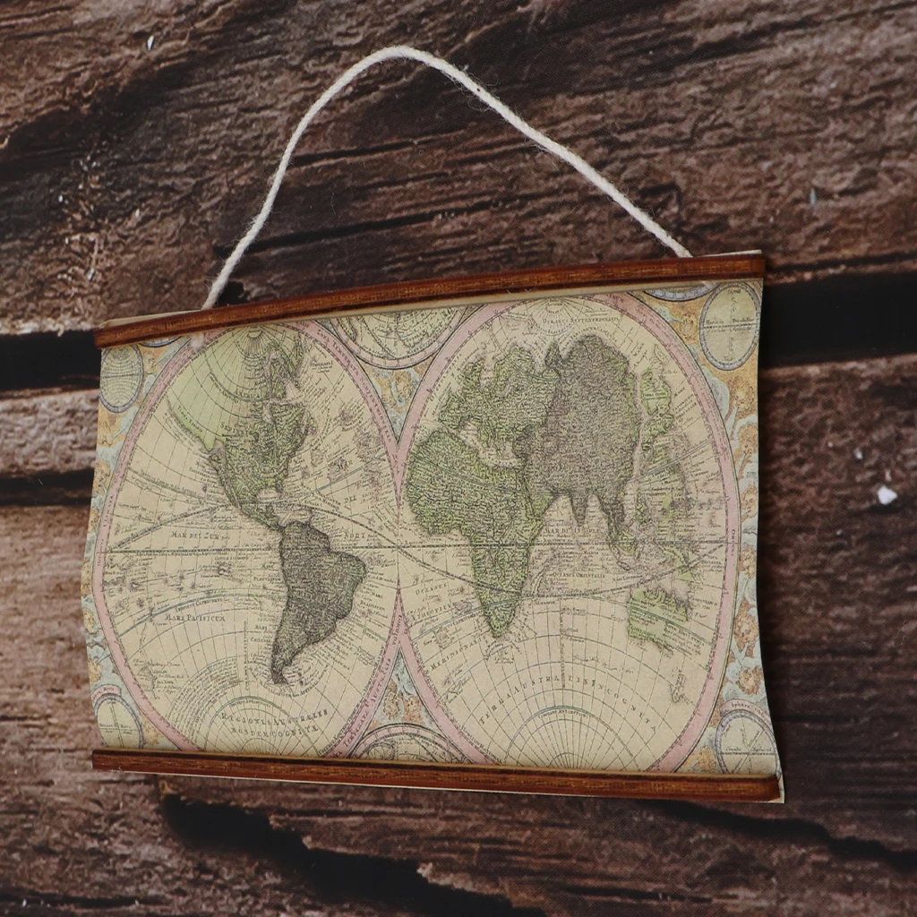 Miniature Vintage Big Map of the World for 1/6 1/12 Scale Dollhouse Room Wall Ornament Dollhouse Wall Decoration Accessory